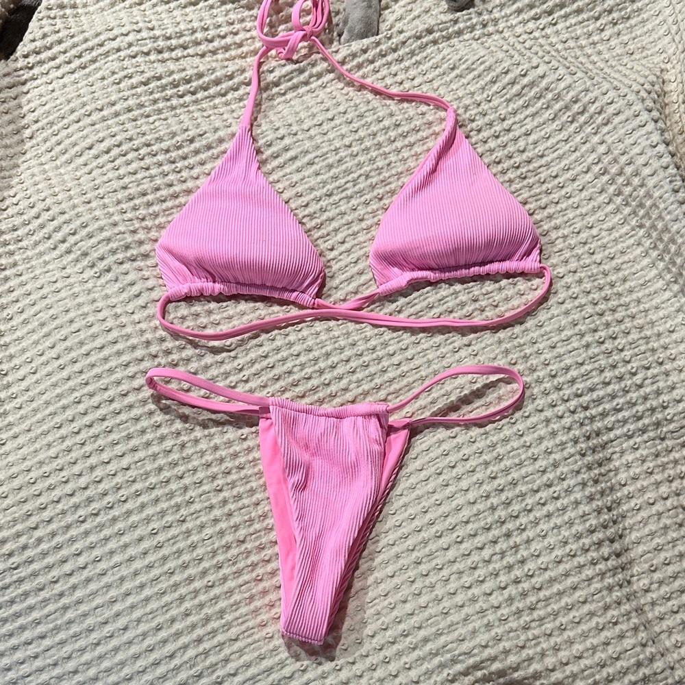 Pink Ribbed Triangle Bikini Set - Women Swim Bikini